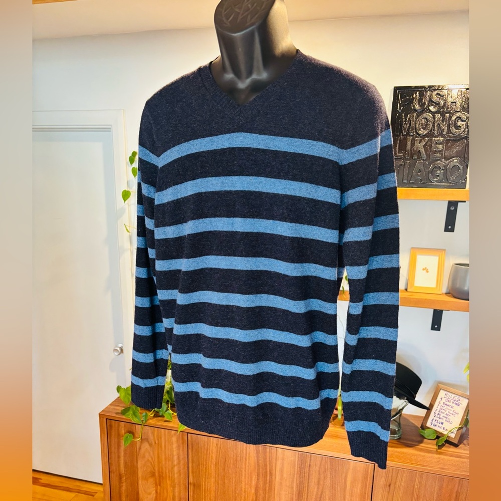 Pronto Uomo- Wool Men's Navy Blue and Blue Striped Sweater